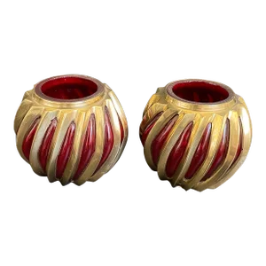 Vintage Ruby Caged Bubble Glass & Spiral Brass Votive Candle Holders - a Pair