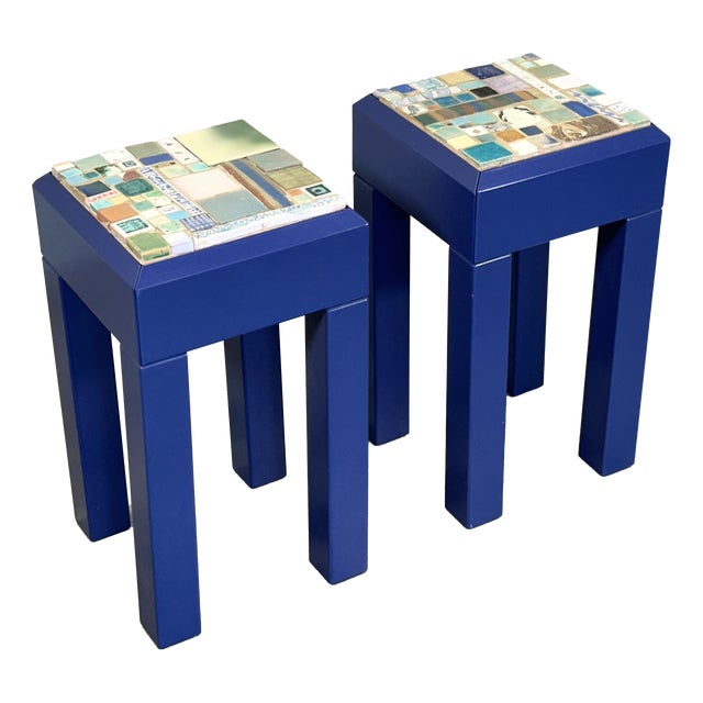 Wooden and Ceramic Side Tables, 1980s, Set of 2 For Sale