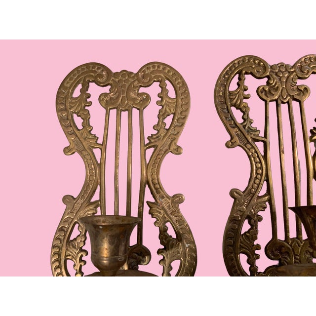 Brass Andrea by Sadek Brass Harp Candle Sconces, a Pair For Sale - Image 8 of 9