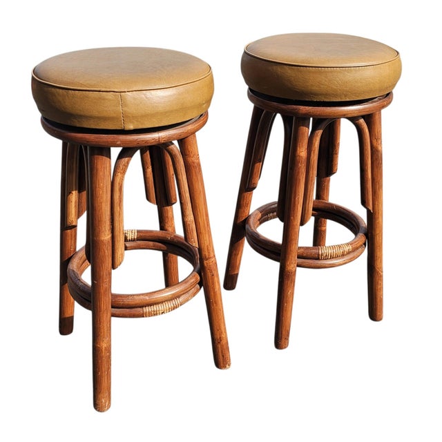 Brown Set of Four Mid Century Bamboo Swivel Bar Stools For Sale - Image 8 of 8