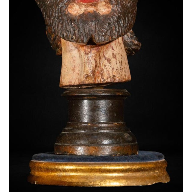 Mexican Spanish Colonial Artist, Carved Head of a Saint, Late 16th-Early 17th Century, Wood For Sale - Image 3 of 7