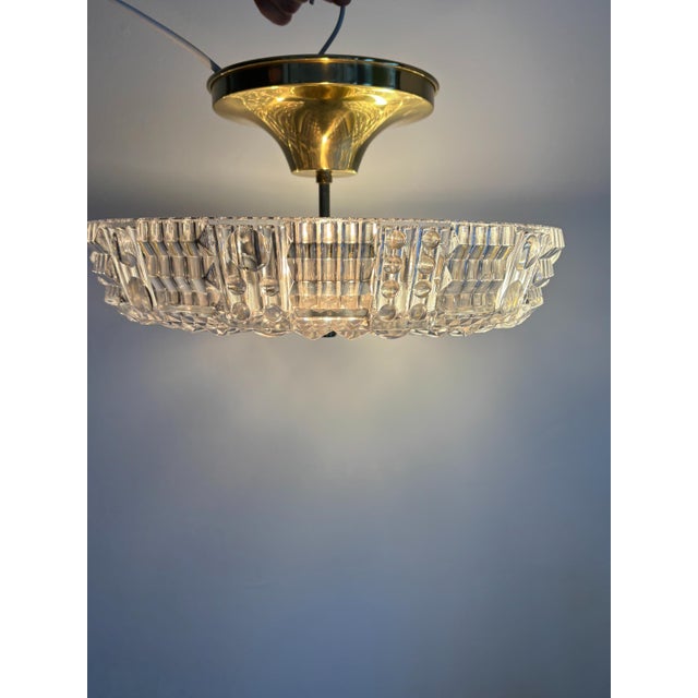 Crystal Glass Hanging Lamp with Brass Elements attributed to Carl Fagerlund for Orrefors, 1960s For Sale - Image 6 of 11