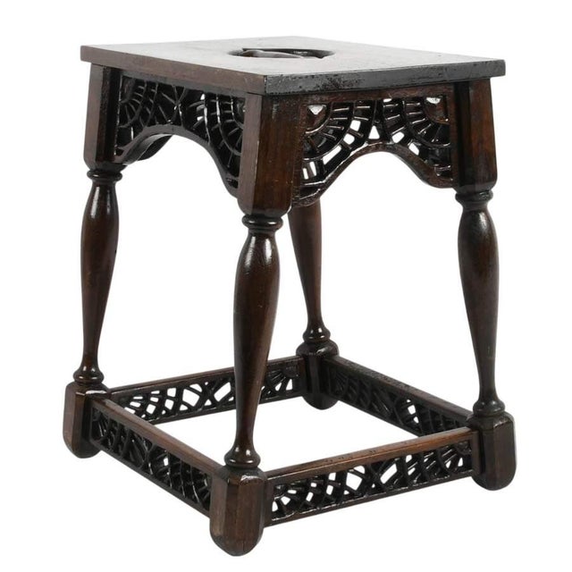 Folk Art Signed F. W. Tyler Hand-Carved Wooden Stool Dated 1943 With Pierced Openwork Panels For Sale - Image 3 of 9