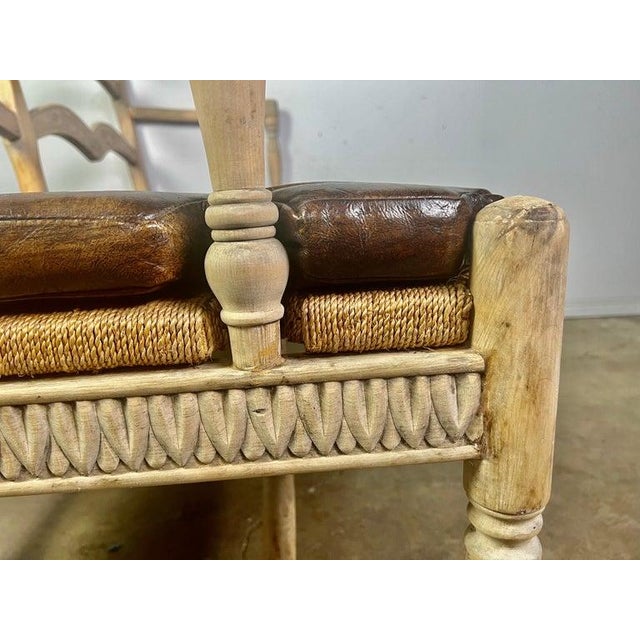 French Provincial Style Bench W/ Rush Seat & Leather Cushion For Sale - Image 9 of 16