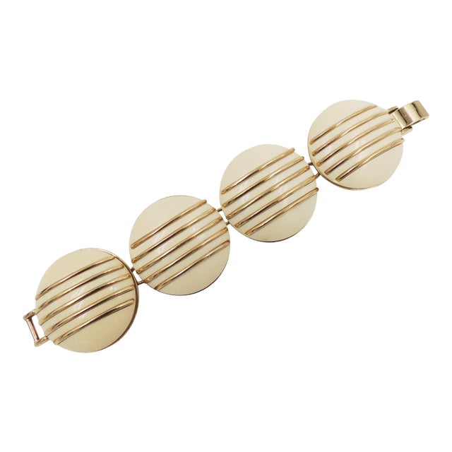 Vintage 1950s Signed Monet Goldtone & Ivory Colored Resin Bracelet For Sale