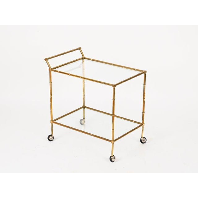 Faux Bamboo Brass and Crystal Serving Bar Cart from Maison Jansen, 1970s For Sale - Image 3 of 11