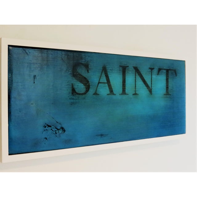 American Saint, Aqua Blue. Oil on Antique Reclaimed Wood. For Sale - Image 3 of 7