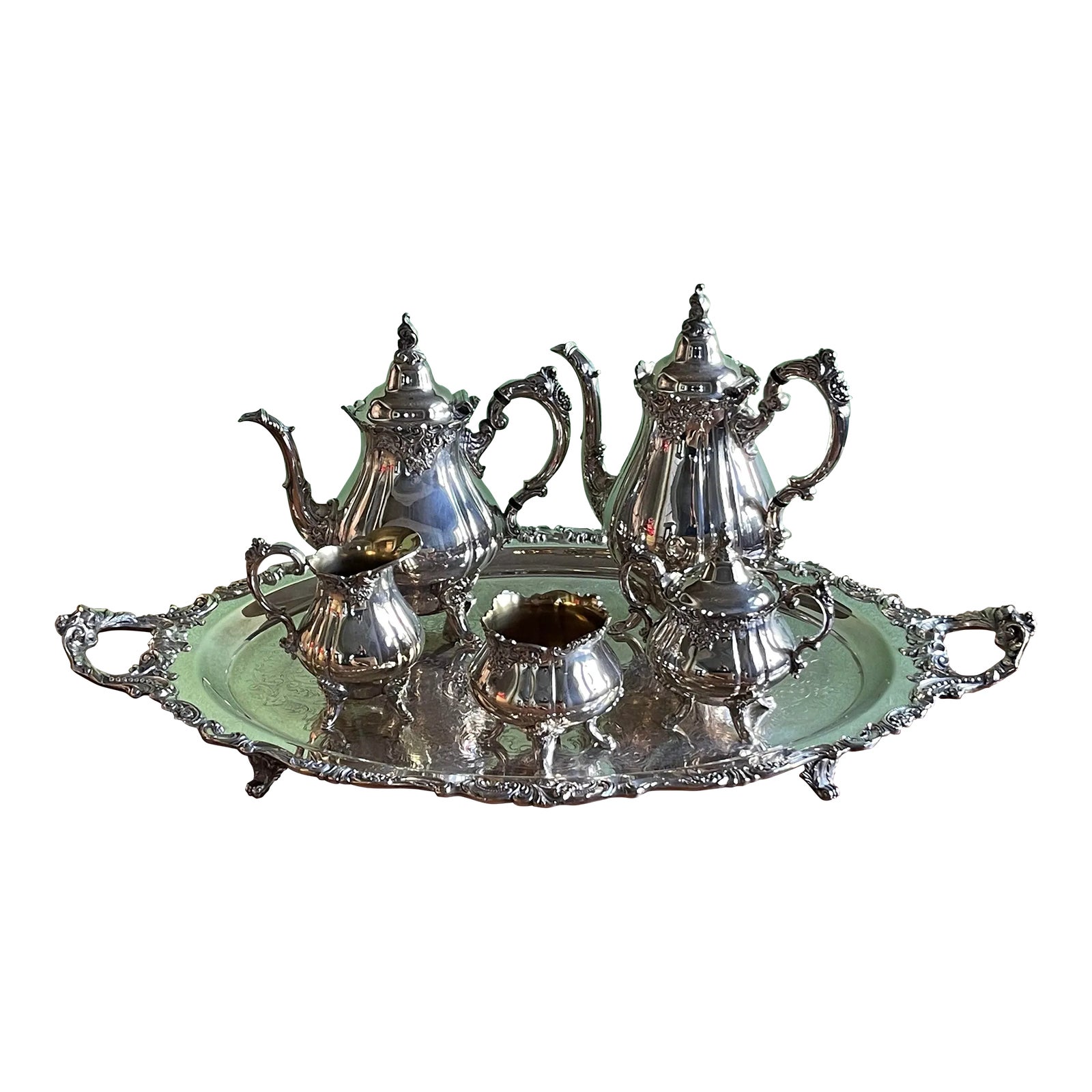 Vintage 1940s Wallace Baroque Silverplate Coffee Tea Service 6 Pieces