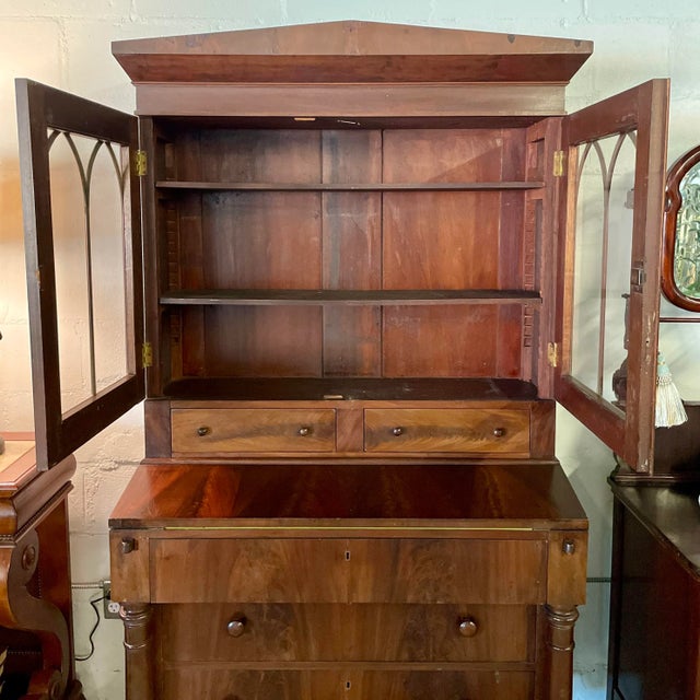 American Antique 1800s Flame Mahogany Sheraton-Style Secretary For Sale - Image 3 of 10