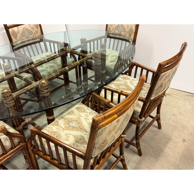 McGuire McGuire Furniture Oval Glass Top Dining Table + Six Far East Collection Dining Armchairs, Vintage Set For Sale - Image 4 of 13