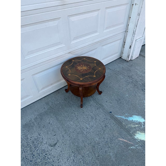 Vintage French Louis XV Style Round Marquetry Side Table With Floral Inlay & Lower Shelf For Sale - Image 4 of 12