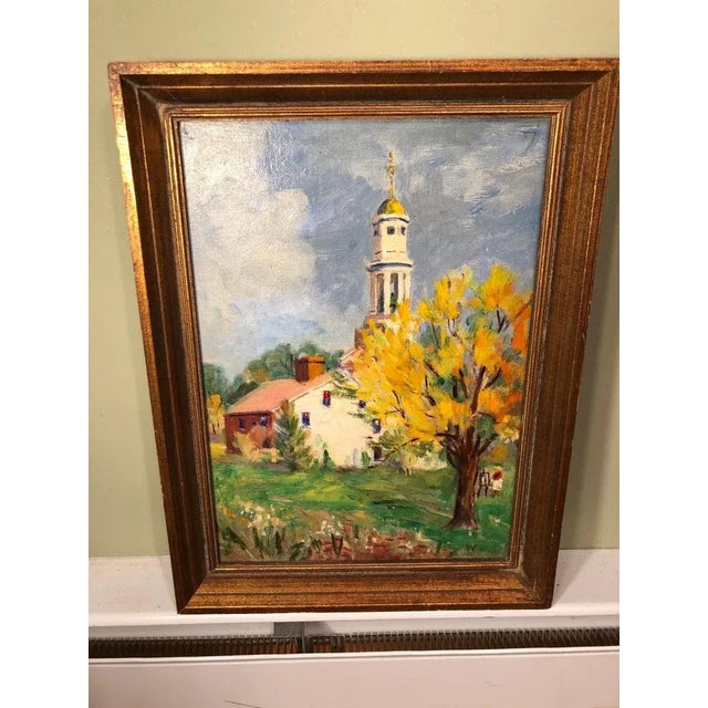 Pastoral oil on board of church. Colorful impasto painting. Lovely New England fall composition of a church. The artist...
