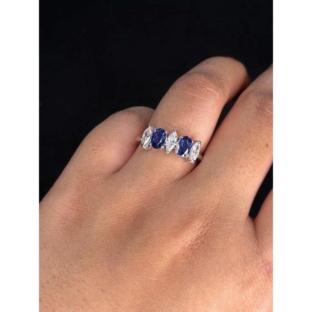 Natural Diamond & Blue Sapphire Engagement Ring for Her in Solid 18k White Gold Size 7 For Sale In New York - Image 6 of 13