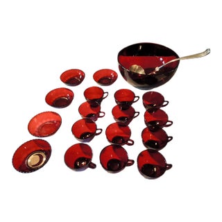 Vintage Georgian Anchor Hocking Royal Ruby Glass Punch Bowl Set With Period Correct England Silver Guild Ladle and 5 Royal Ruby Serving Bowls - 19 pcs For Sale