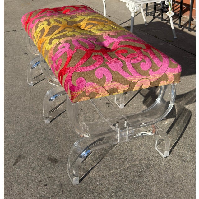 Plastic Scalamandre Cut Velvet Upholstered Phyllis Morris Lucite Bench For Sale - Image 7 of 7