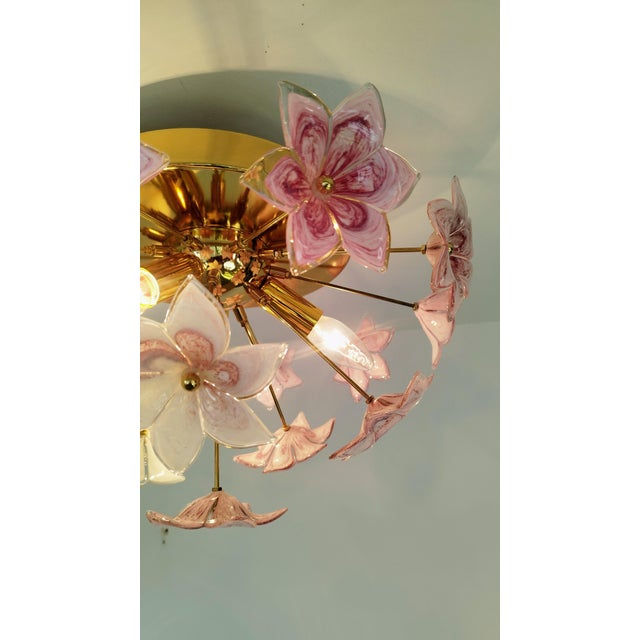 Murano Style Flush Mount Pink Purple Flower Ceiling Light Glass Chandelier For Sale - Image 10 of 11