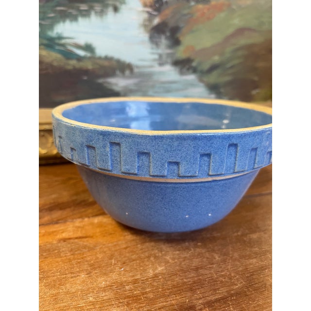Mid-Century Modern Vintage Blue Stoneware Mixing Bowl With Geometric Band - Marked "Ni-L" For Sale - Image 3 of 9