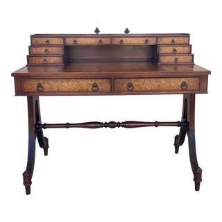 Circa 1920 Edwardian-Style Mahogany & Burl Wood Bureau à Gradin With Leather Writing Surface For Sale