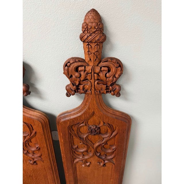 19th Century Gothic Revival Hand Carved Oak Church Pew End Panels - A Pair For Sale - Image 4 of 8