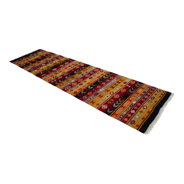 Vintage Turkish Kilim Runner Handwoven Wool Runner Tribal Long Hallway Rug 3x12 Ft Approx For Sale
