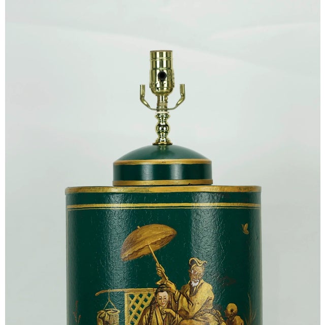 Metal Vintage English Export Tea Caddy Hand-Painted Chinoiserie Figurines Table Lamp.Hand Drawn Table Lamp, Retro Table Lamp For Sale - Image 7 of 9