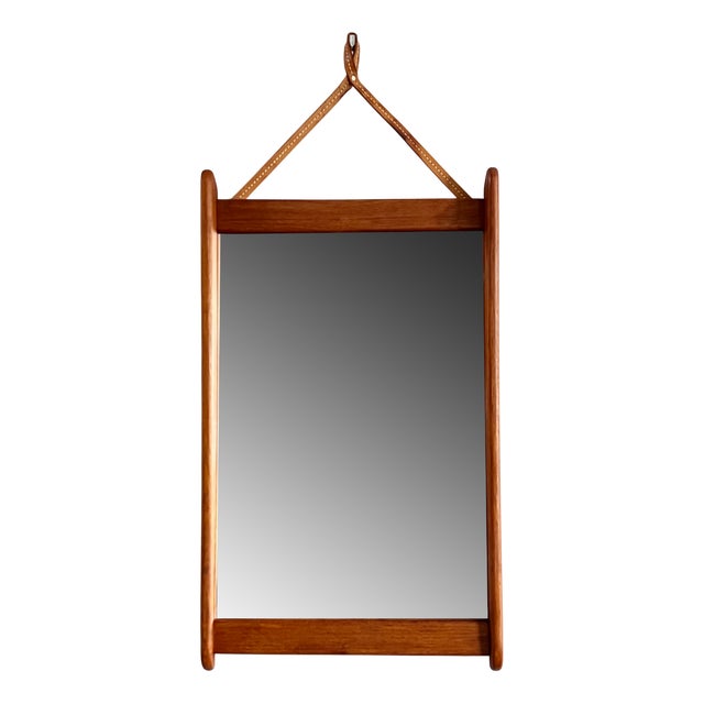 Teak Frame Wall Mirror with Leather Strap Suspension, 1960s For Sale