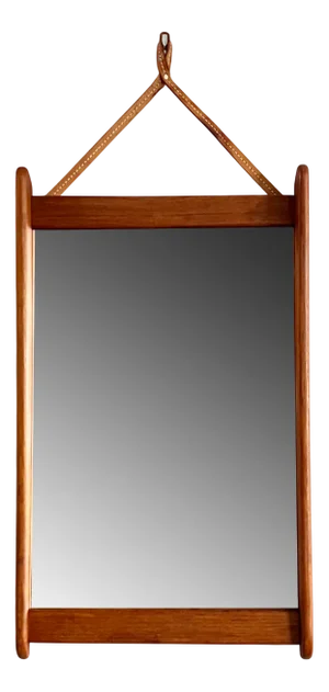 Teak Frame Wall Mirror with Leather Strap Suspension, 1960s