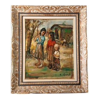 1950s Georgette Nivert Heartwarming Oil on Canvas Gypsy Children Listed French Artist For Sale