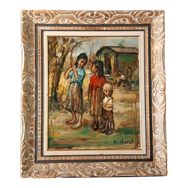 1950s Georgette Nivert Heartwarming Oil on Canvas Gypsy Children Listed French Artist For Sale