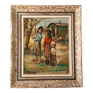 1950s Georgette Nivert Heartwarming Oil on Canvas Gypsy Children Listed French Artist