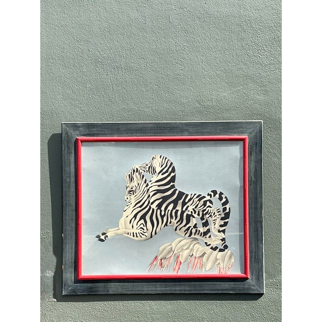 This captivating Mid-Century Modern framed artwork features a dynamic composition of two interlocking zebras, rendered in...
