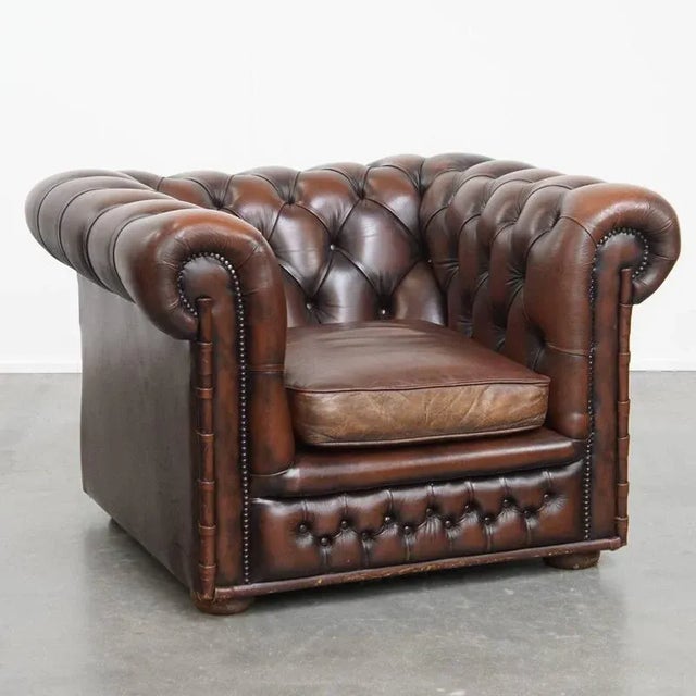 English Chesterfield Armchair in Dark Brown Cowhide with Decorative Studs For Sale - Image 16 of 16