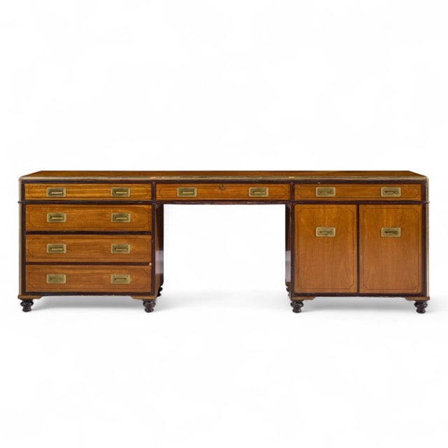 Baker Furniture Campaign Style Brass Handle Credenza This credenza measures: 90.25 wide x 19.25 deep x 30.25 inches high...