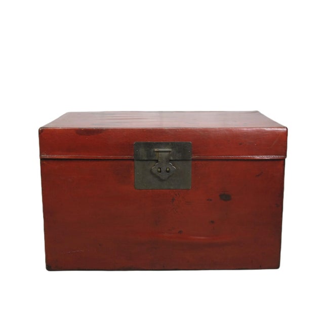 Red 31" Inch Long Antique Red Leather Accent Trunk Table For Sale - Image 12 of 12