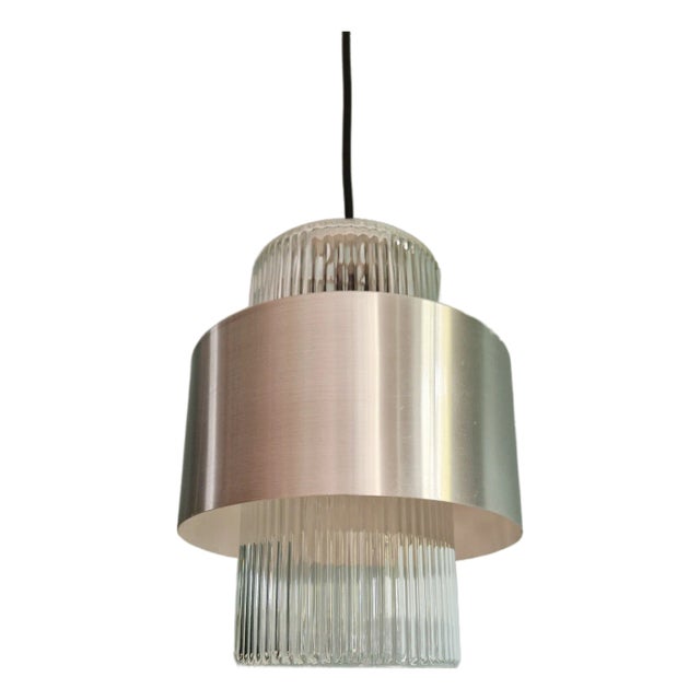 Scandinavian Glass and Silver Brushed Aluminum Pendant Light, 1960s For Sale
