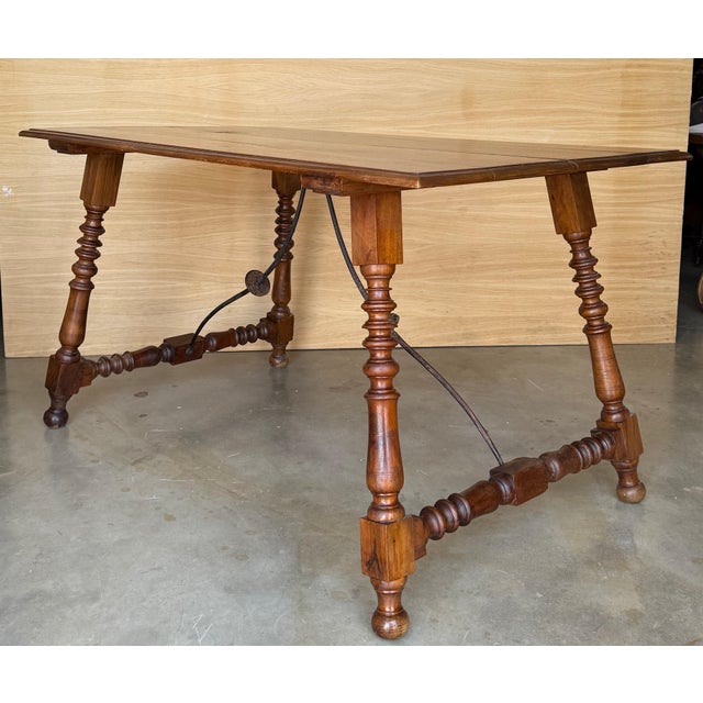 19th Spanish Sturdy Side Table with Carved Turned Legs and Double Stretcher For Sale - Image 18 of 18