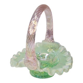 Fenton Iridized Pink and Opalescent Willow Green Aztec Mini Glass Basket For Sale