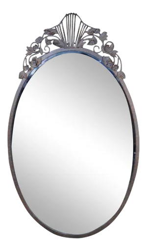 French Iron Oval Beveled Mirror With Floral Crown Embellishments