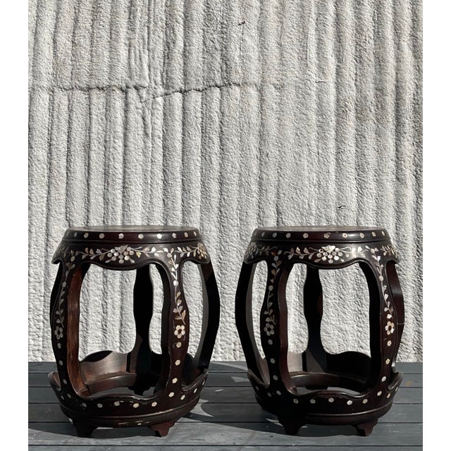 Vintage Asian Hardwood Inlay Low Stools - a Pair For Sale - Image 10 of 10