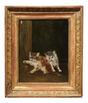 Late 19th Century Victorian Style Oil Painting of Kittens, Framed