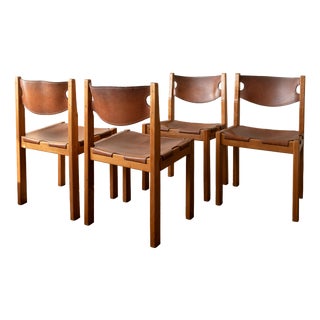 Brutalist Elm and Leather Dining Chairs from Maison Regain, 1970s, Set of 4 For Sale
