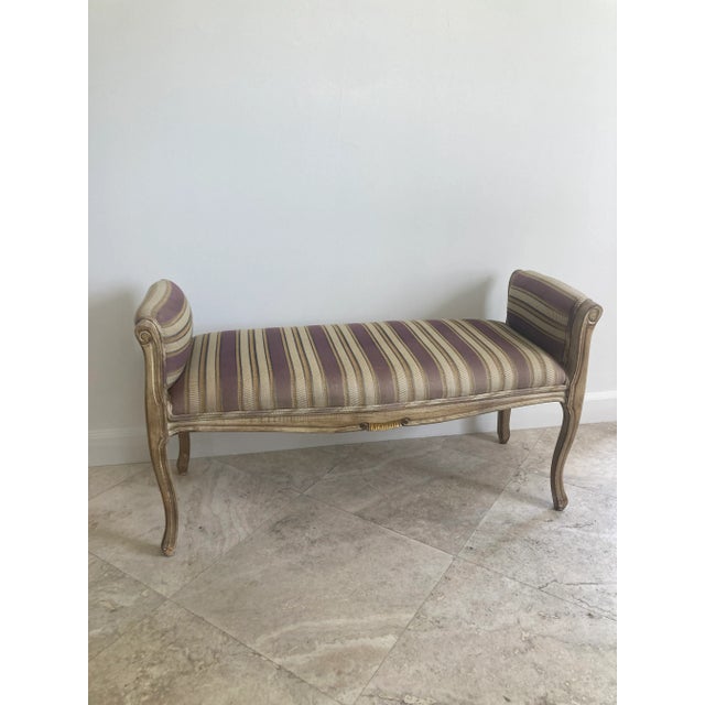 French Louis XV Style Bench with Purple and Gold Upholstery. Nice original Finish from the 1960's Greta for a Foyer or at...