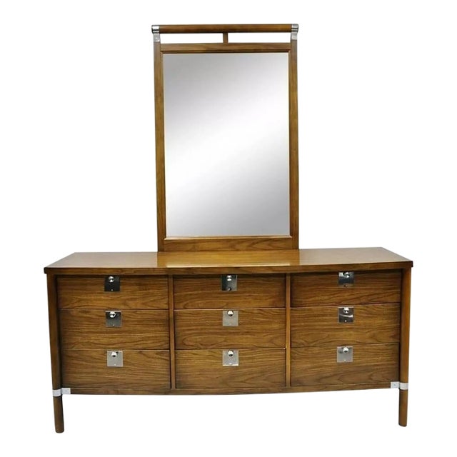 Mid 20th Century Vintage Mid Century Modern Walnut & Chrome 9 Drawer Dresser With Mirror For Sale