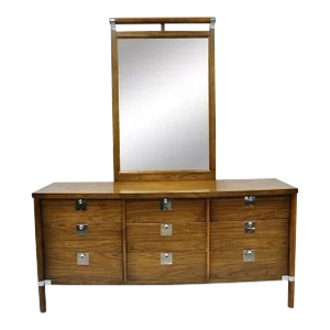 Mid 20th Century Vintage Mid Century Modern Walnut & Chrome 9 Drawer Dresser With Mirror