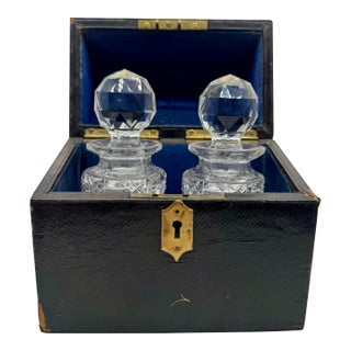 Antique Victorian Cut Crystal Scent/Apothecary Bottles With Black Leather Barrel Top Case - 3 Piece Set For Sale