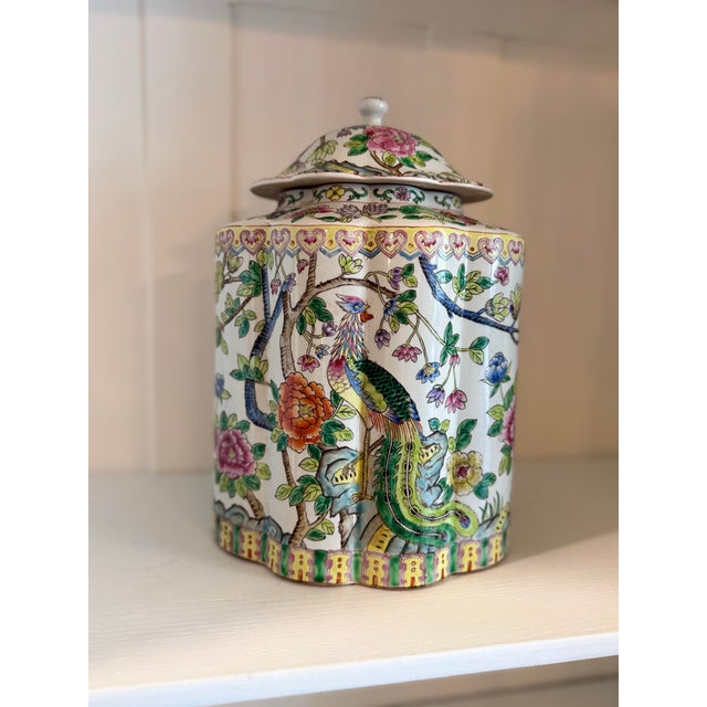 Ivory Vintage Chinoiserie Ginger Jar With Phoenix & Peony Motif | Hand-Decorated Porcelain Lidded Urn For Sale - Image 8 of 10