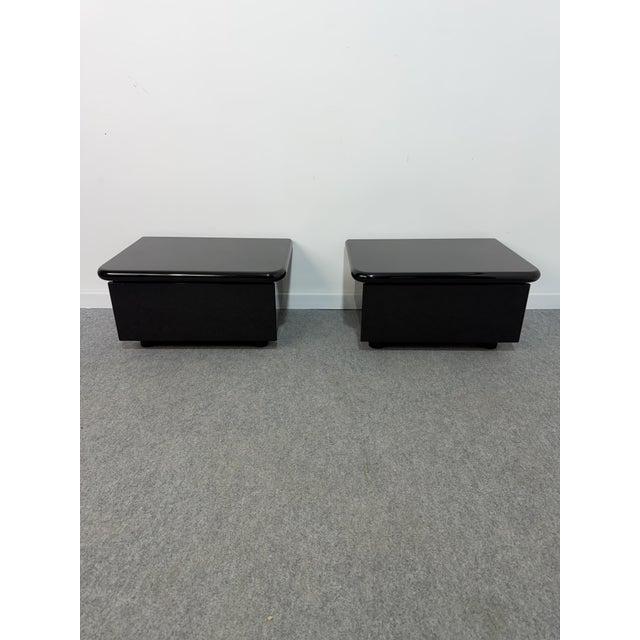 Vintage Low Italian Wooden Bedside Tables with Glossy Lacquered Finish, 1970s, Set of 2 For Sale - Image 14 of 14