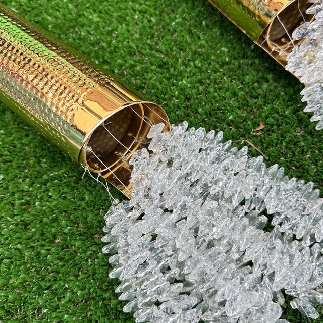Metal 1970s Hand Hammered Gold Tube Hanging Crystal Pendant Lights - a Pair For Sale - Image 7 of 10