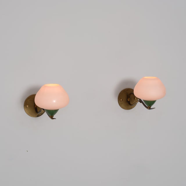 Italian Brass, Green Lacquered Metal and Opaline Glass Wall Sconces, 1950s, Set of 2 For Sale - Image 10 of 13