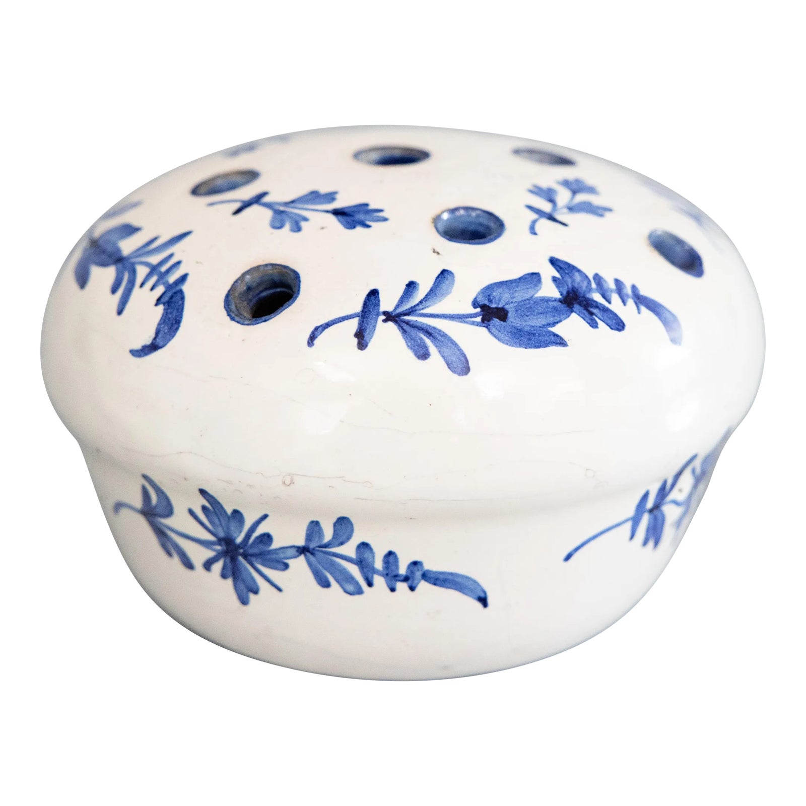 Antique French Faience Blue & White Floral Flower Frog Vase 